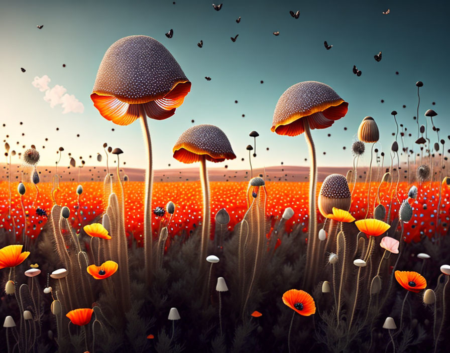 Fantastical landscape with oversized mushrooms, blooming poppies, birds in flight