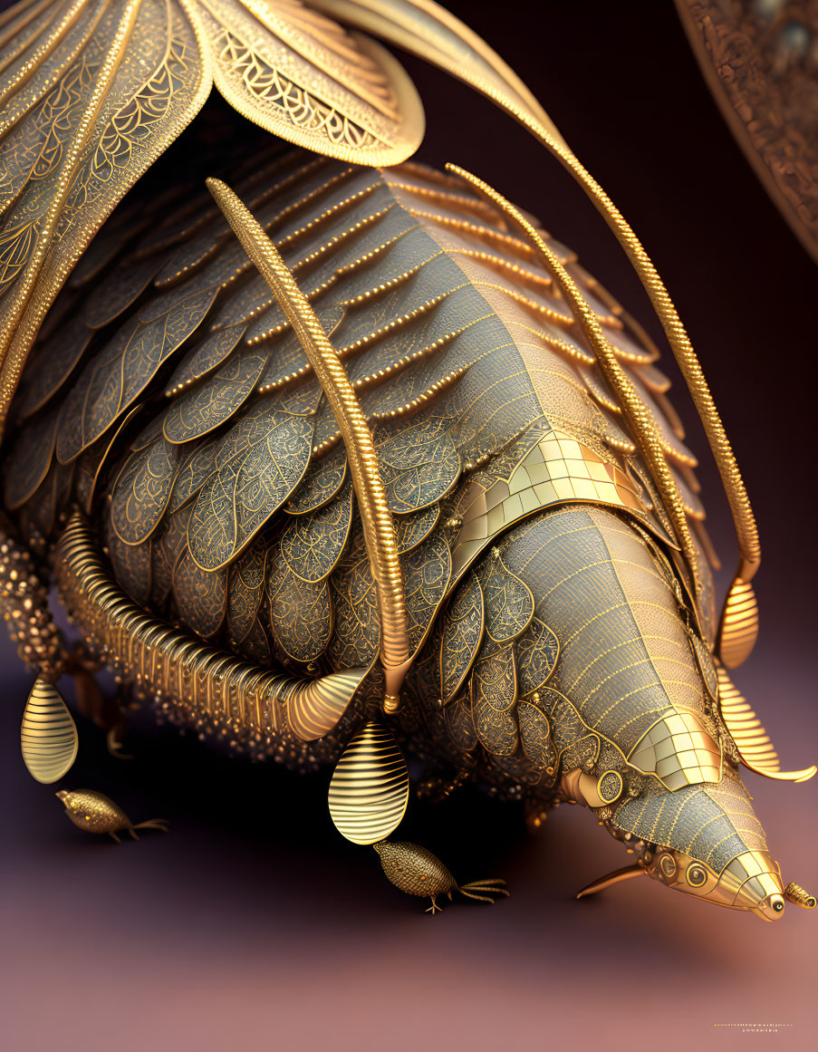 Detailed 3D Golden Mechanical Fish Illustration on Brown Background