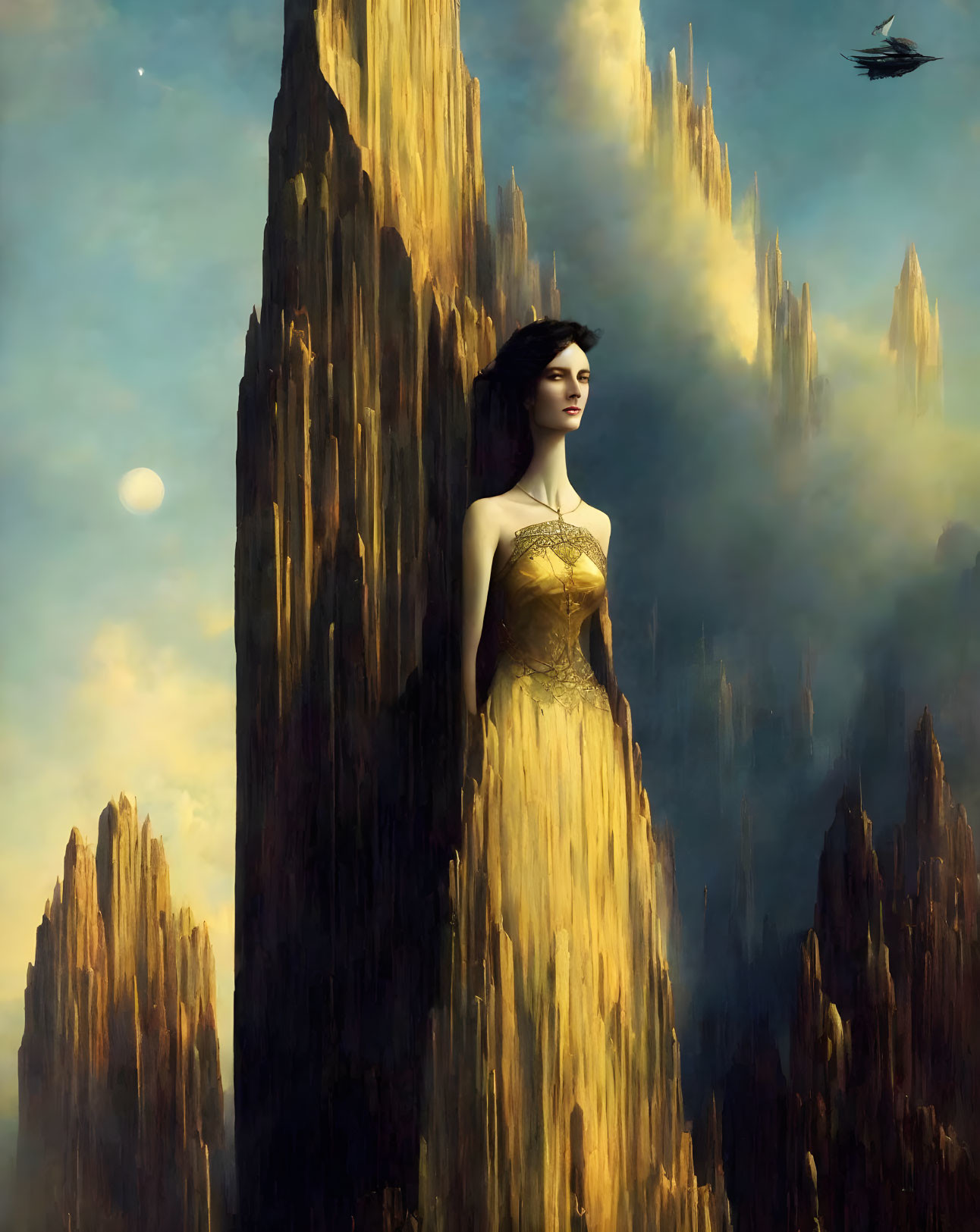 Woman in golden dress among rock formations under dual moons with flying ship