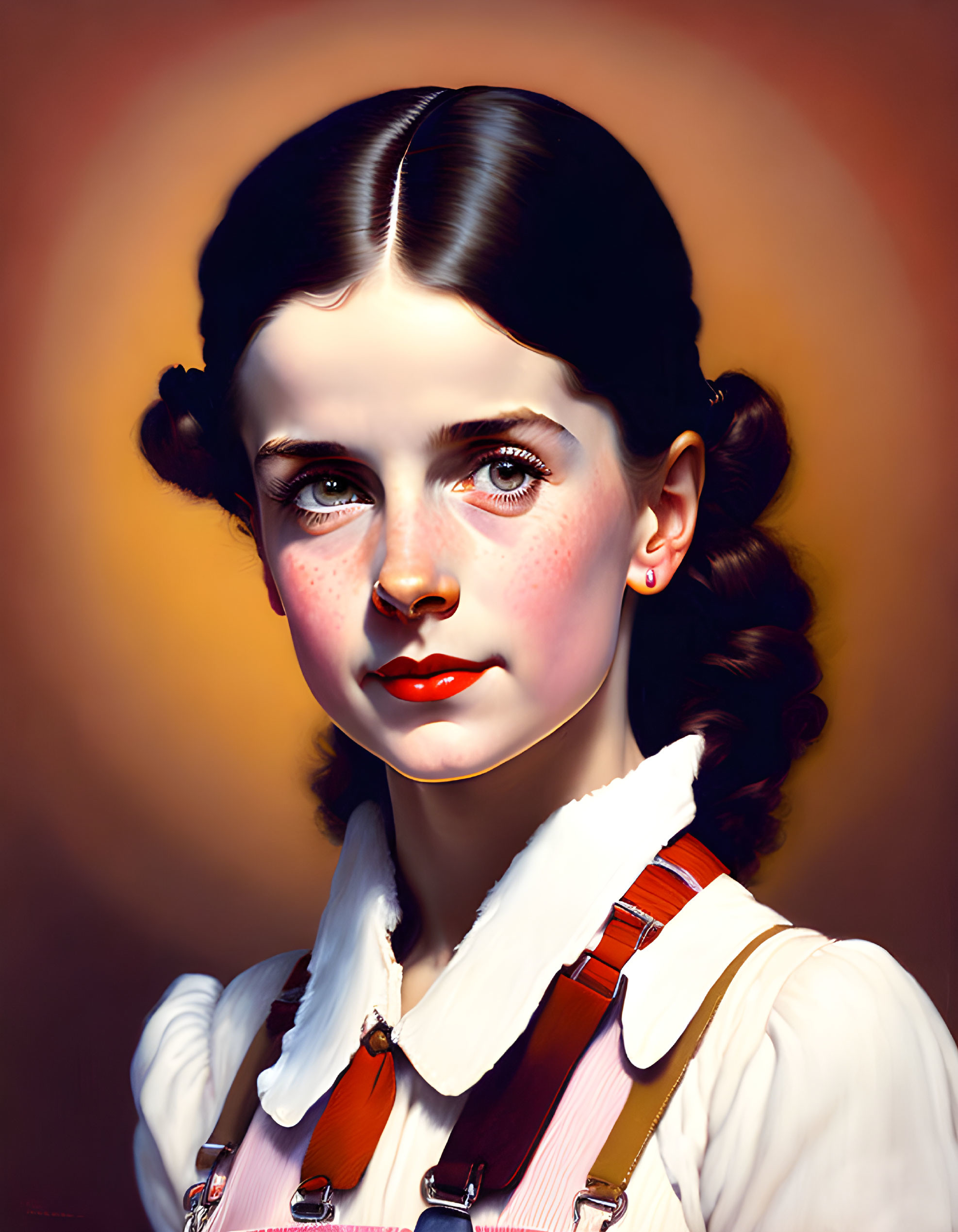 Girl with Braided Hair in Suspenders and White Shirt on Warm Background