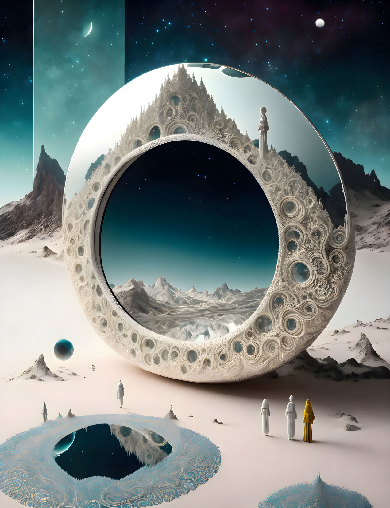 Surreal circular structure with mountainous landscape, figures in robes, celestial bodies, and mirrored surface