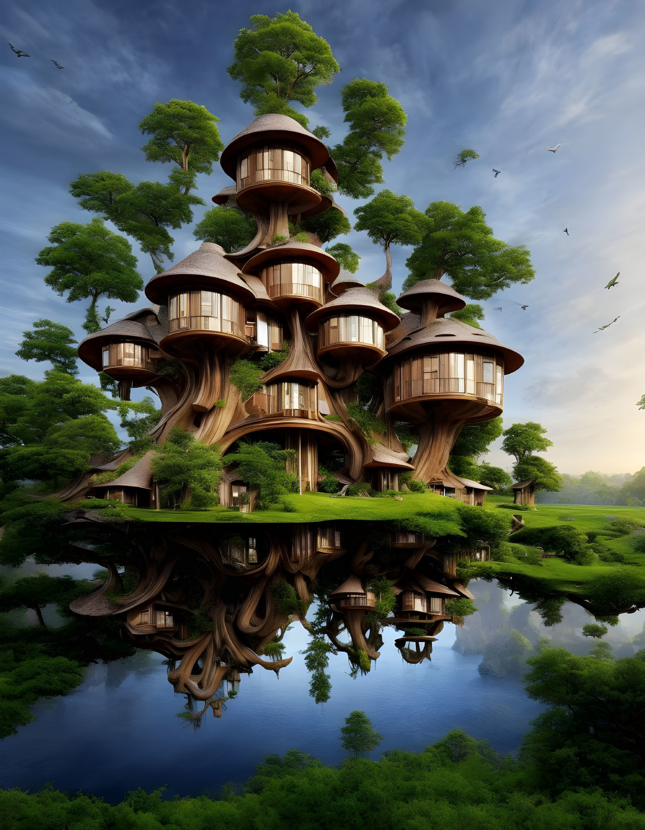Fantastical multi-level treehouse surrounded by greenery and water reflection