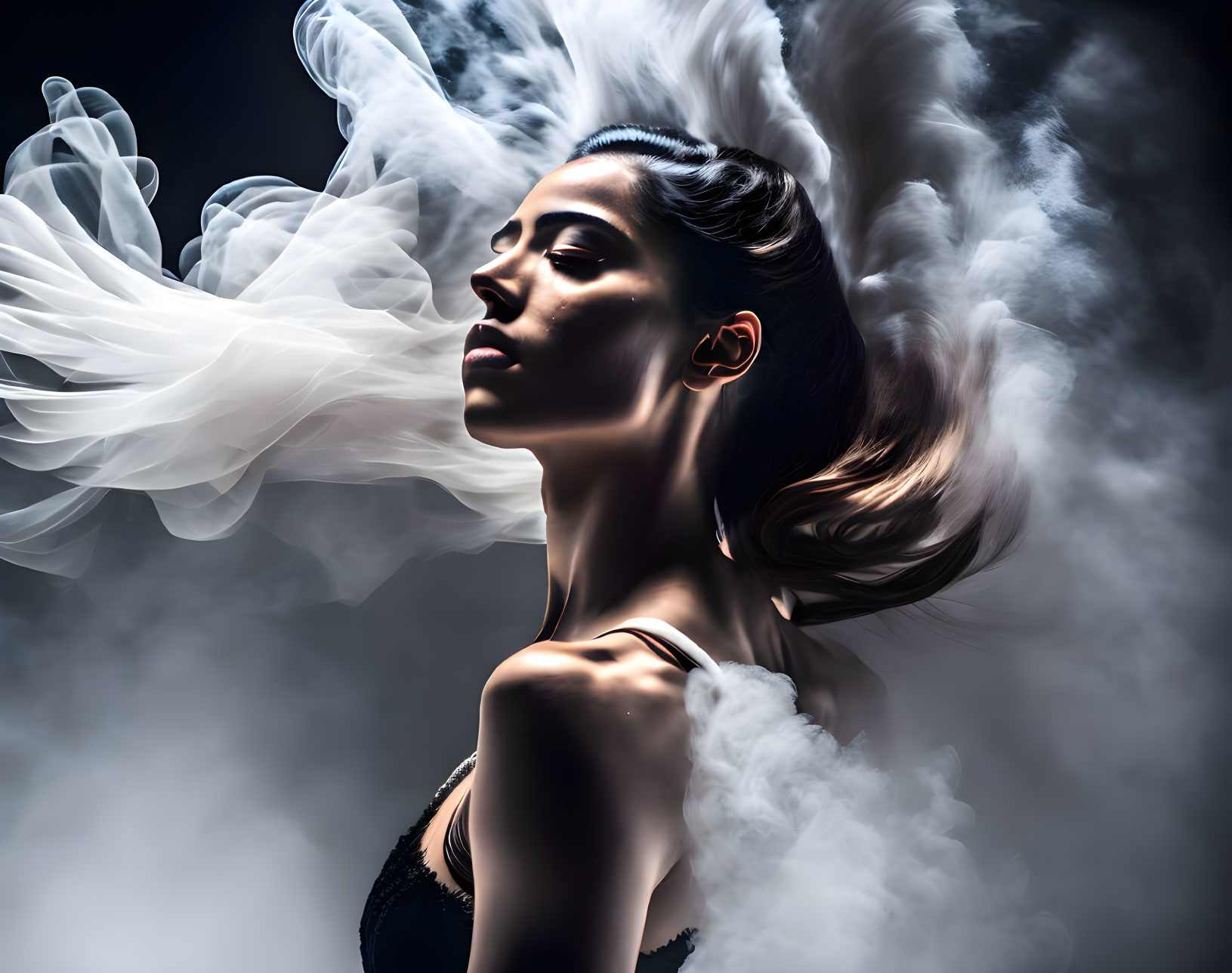 Profile of woman with swirling white smoke on dark background