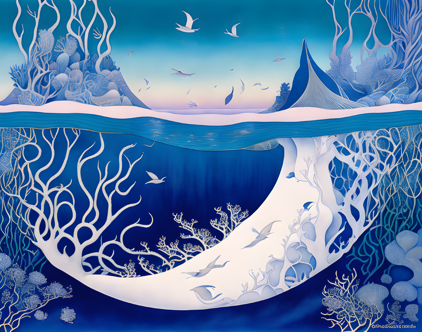 Blue Underwater Scene with Whale, Coral, Fish, and Seabirds