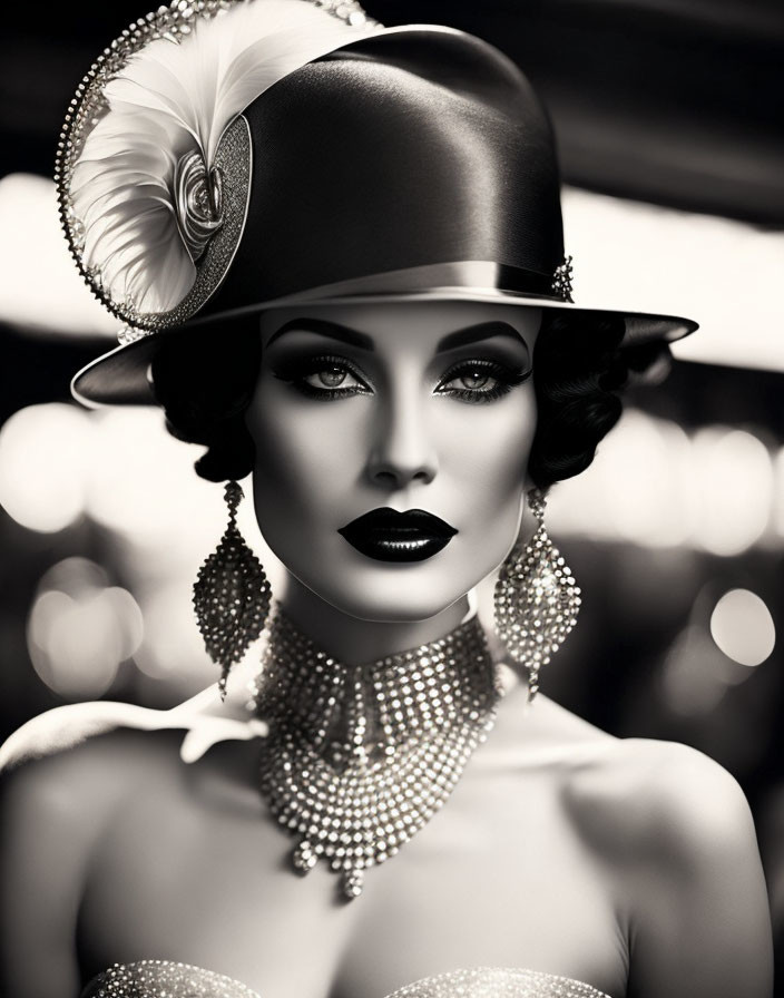 Monochrome portrait of woman with dramatic makeup and elegant accessories