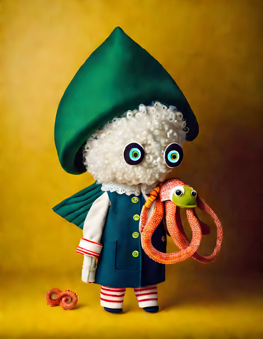 Cauliflower-headed character in green gnome attire with toy octopus