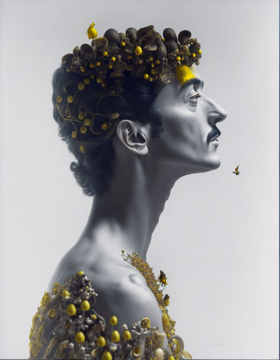 Portrait of a person with grayscale skin wearing a golden honeycomb crown, bees, and honey droplets