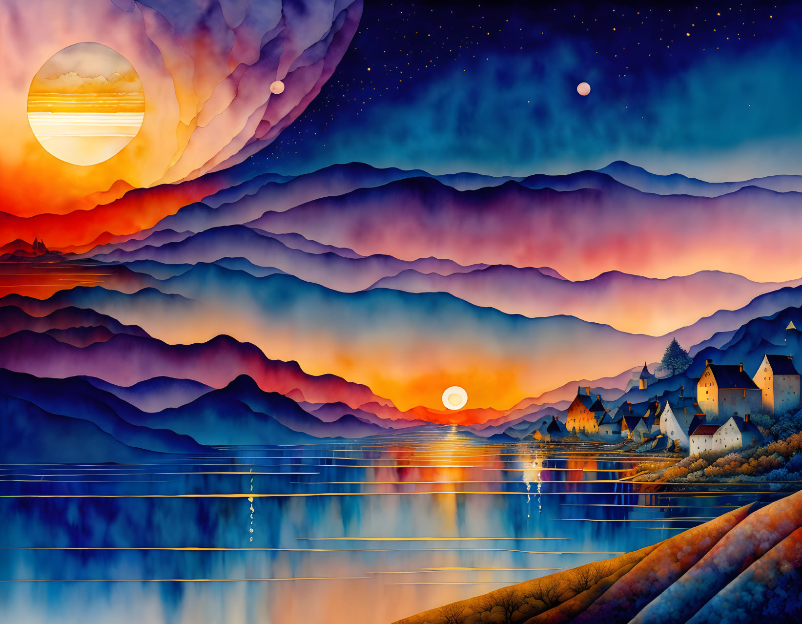 Colorful layered mountains, reflective lake, village, oversized moon in surreal landscape