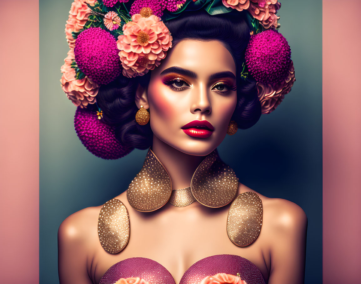 Vibrant floral headdress on woman with bold makeup & gold jewelry