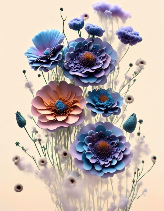 Stylized digital art: Vibrant blue, purple, and pink flowers on pastel backdrop