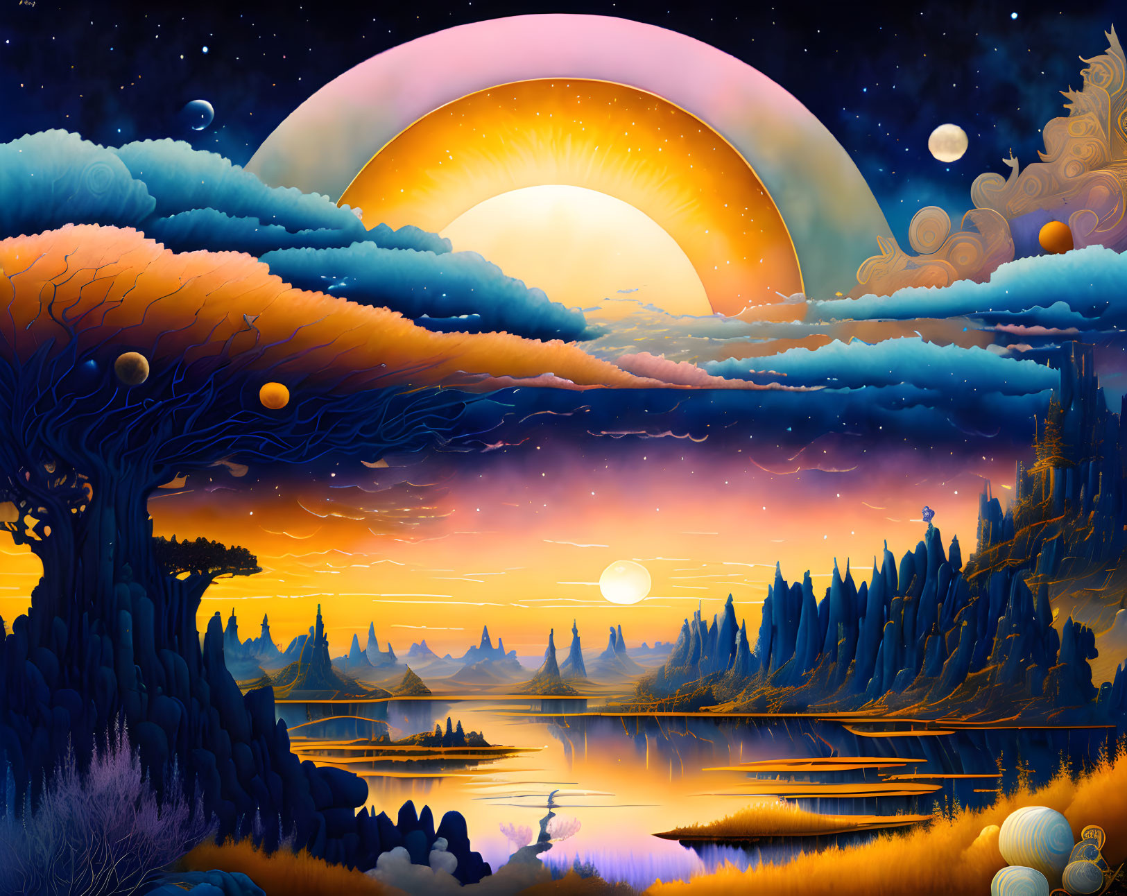 Colorful Clouds and Floating Islands in Fantastical Landscape