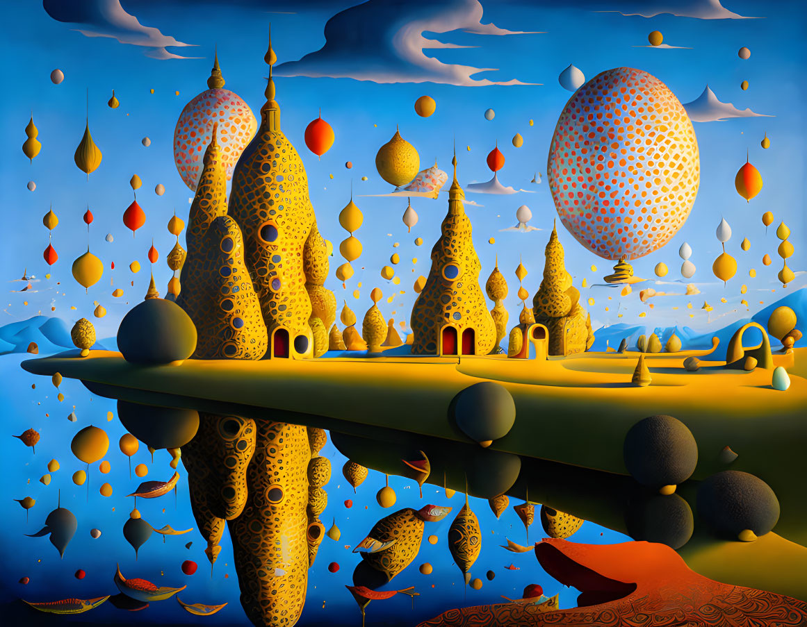 Surreal landscape with yellow submarine-like structure and whimsical buildings.