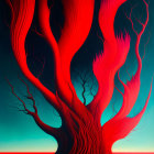 Vivid red tree with wavy branches on blue-orange gradient background