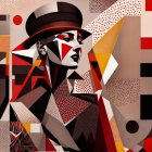 Abstract portrait featuring stylish figure with geometric patterns, hat, red, black, and white tones