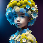 Young child in floral headdress against blue backdrop