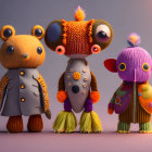 Whimsical stuffed animal characters with unique outfits on purple backdrop