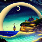 Nighttime seascape with crescent moon, glowing hillside houses, rough waves, and flying bird