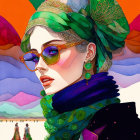Colorful Woman Illustration with Headscarf, Sunglasses, and Earrings