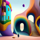 Vibrant surreal landscape with figure, warped architecture, and floating sphere