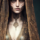 Woman with Elaborate Facial Tattoos Under Gold-Embellished Hood