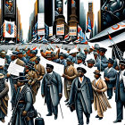 Historical parade illustration with uniformed figures in cityscape