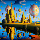 Surreal landscape with yellow submarine-like structure and whimsical buildings.