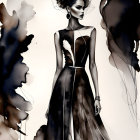 Stylish woman in black dress amidst abstract smoky shapes