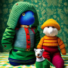 Colorful Knitted Figures with Blue Face and Yellow Cap on Patterned Background
