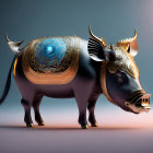 Mechanical pig sculpture with intricate armor designs on gradient backdrop