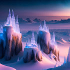 Majestic ice castles in snow-covered fantasy landscape
