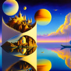 Surreal landscape: floating islands, castles, boats, starry sky, colorful planets