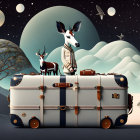 Stylized deer on vintage suitcase with moon and planets backdrop