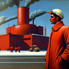Man in white helmet and red coat against industrial backdrop with smokestacks.