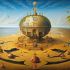 Steampunk-style spherical building on sandy beach with smaller structures under cloudy sky