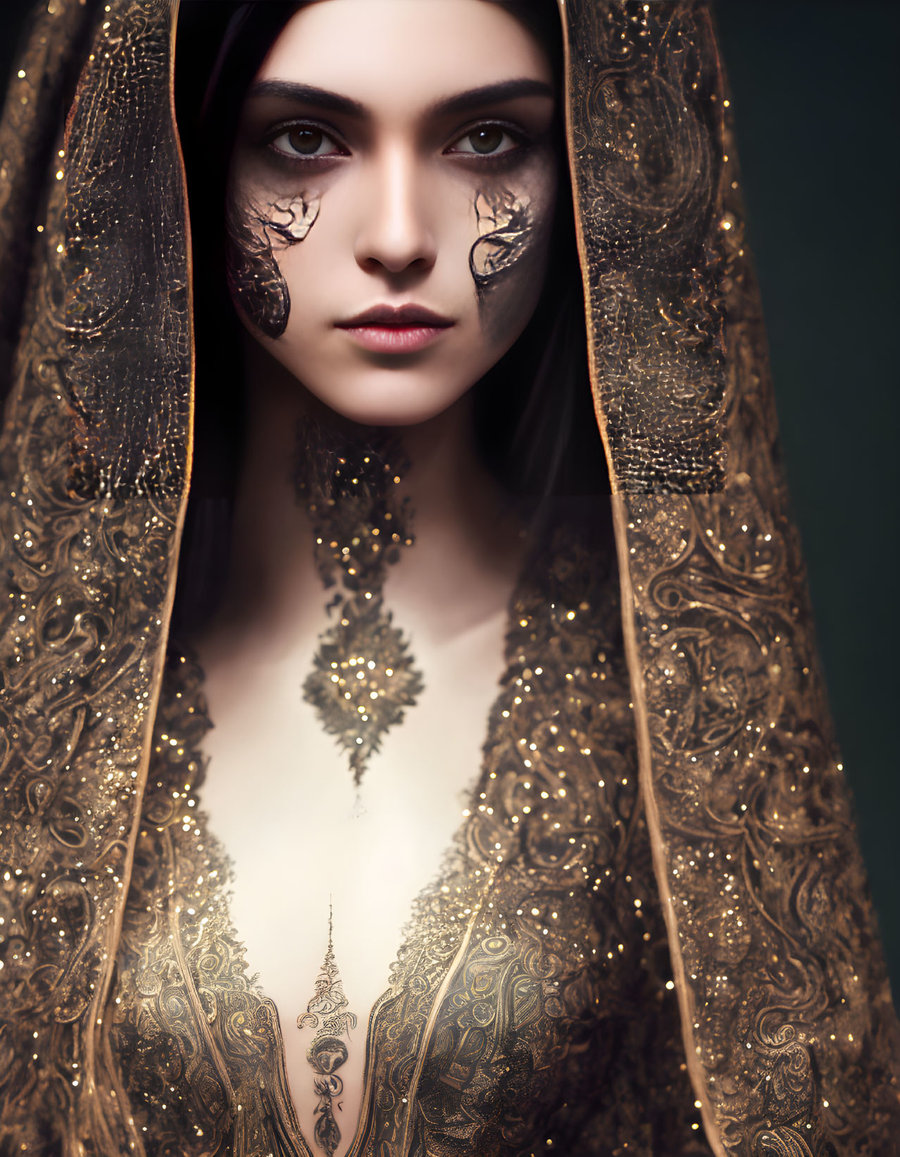 Woman with Elaborate Facial Tattoos Under Gold-Embellished Hood