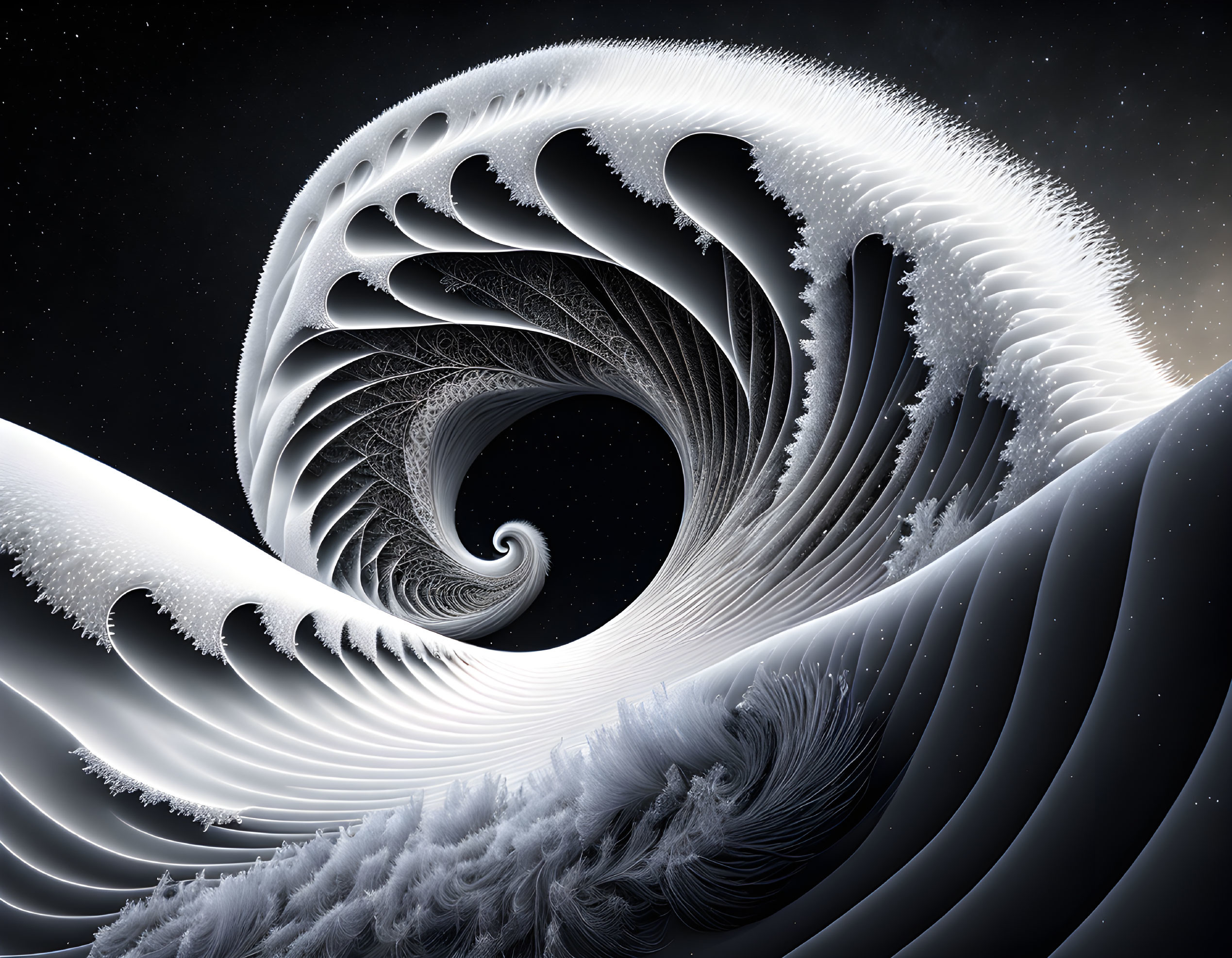 Intricate spiral fractal design in white and grey tones on starry night sky.