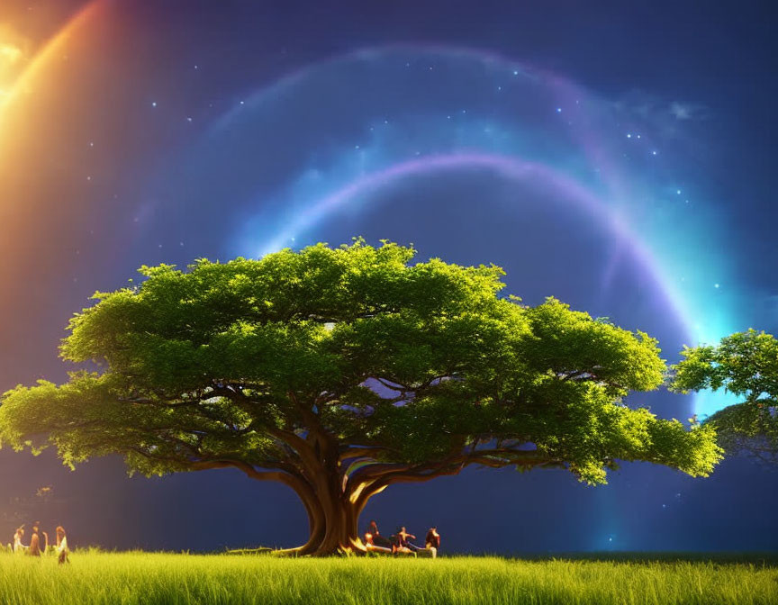 Group of people under large tree with double rainbow and aurora in sky