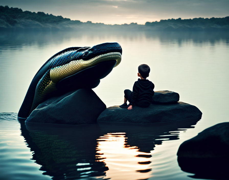 a boy sit beside an anaconda in a deep water