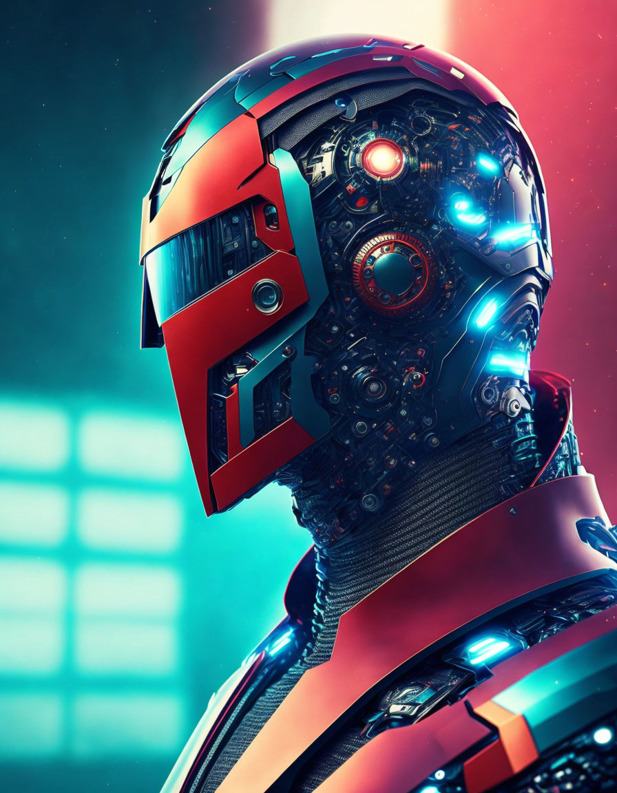 Detailed Robotic Head with Glowing Blue Eyes and Red Helmet on Neon-lit Background