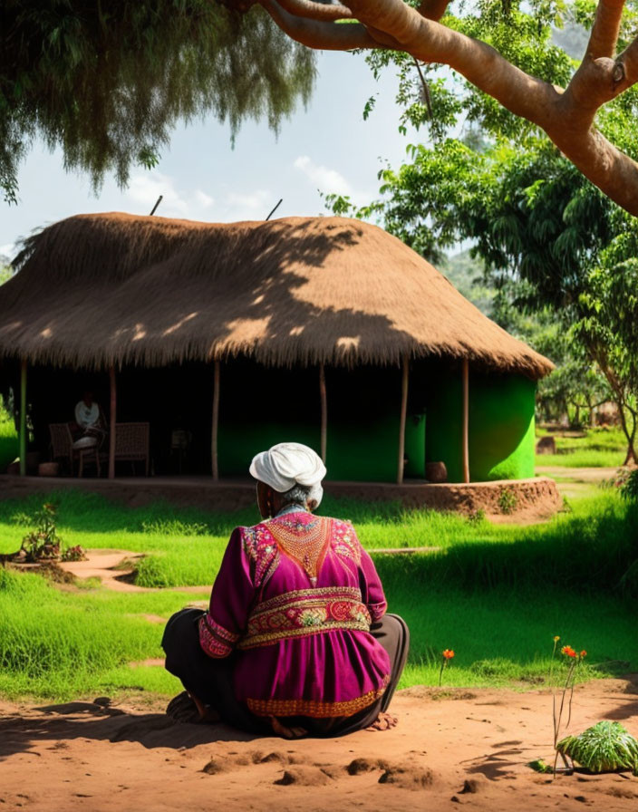 Traditional Clothing Person Sitting Under Tree Near Thatched-Roof Hut