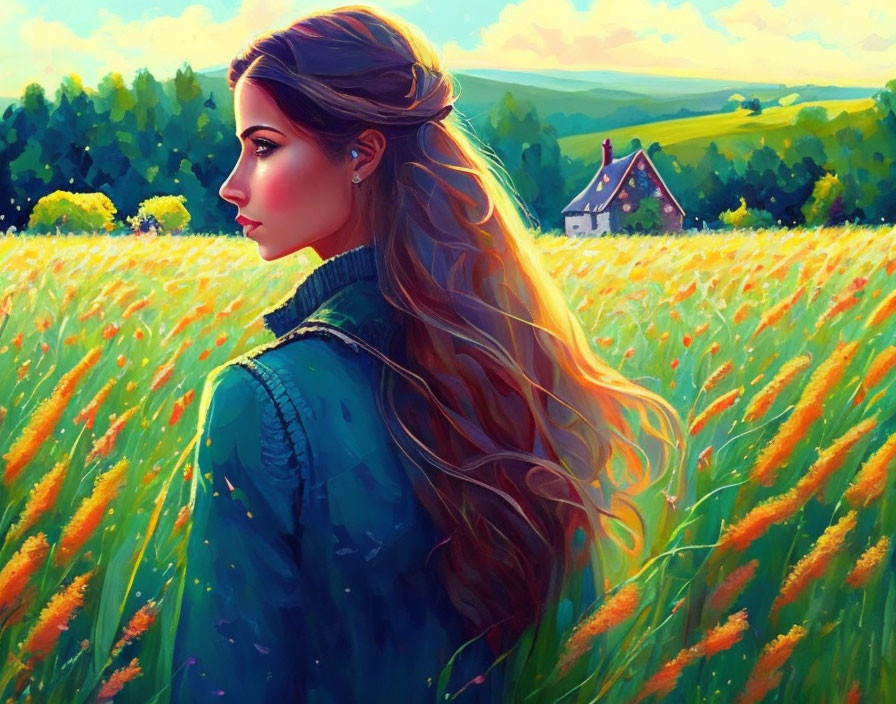 Woman with long hair gazes at sunlit field and house, evoking tranquility.