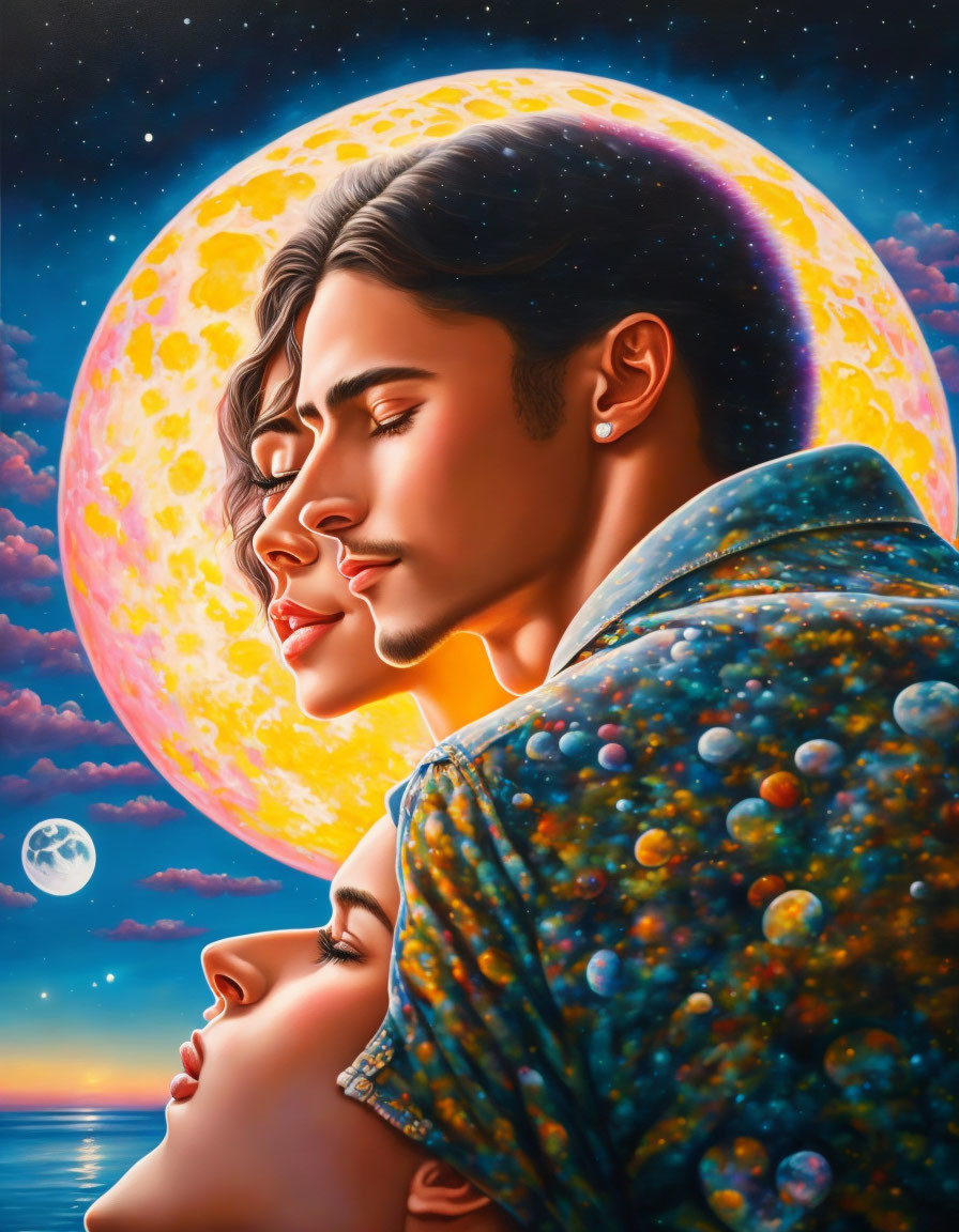 Surreal illustration: Couple's silhouettes, cosmic backdrop, vivid moon