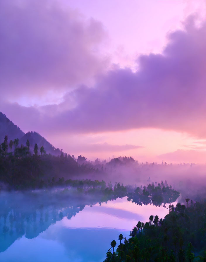 Misty Lake Sunrise with Purple Sky Reflections
