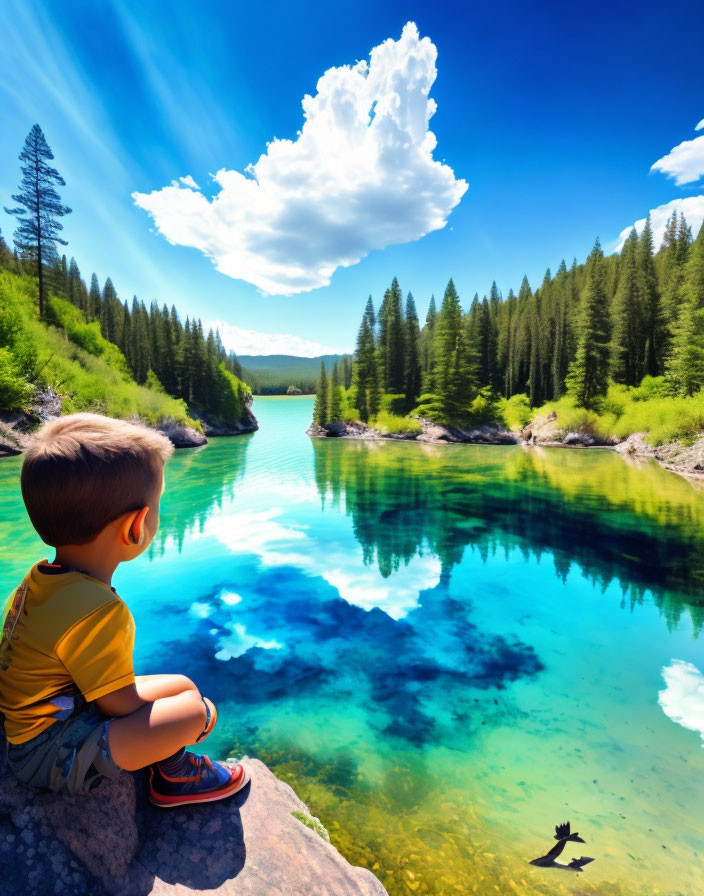 Child Sitting on Rock by Mountain Lake Surrounded by Pine Trees and Blue Sky