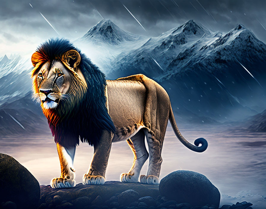 Majestic lion with striking mane on rocky snowy mountain backdrop