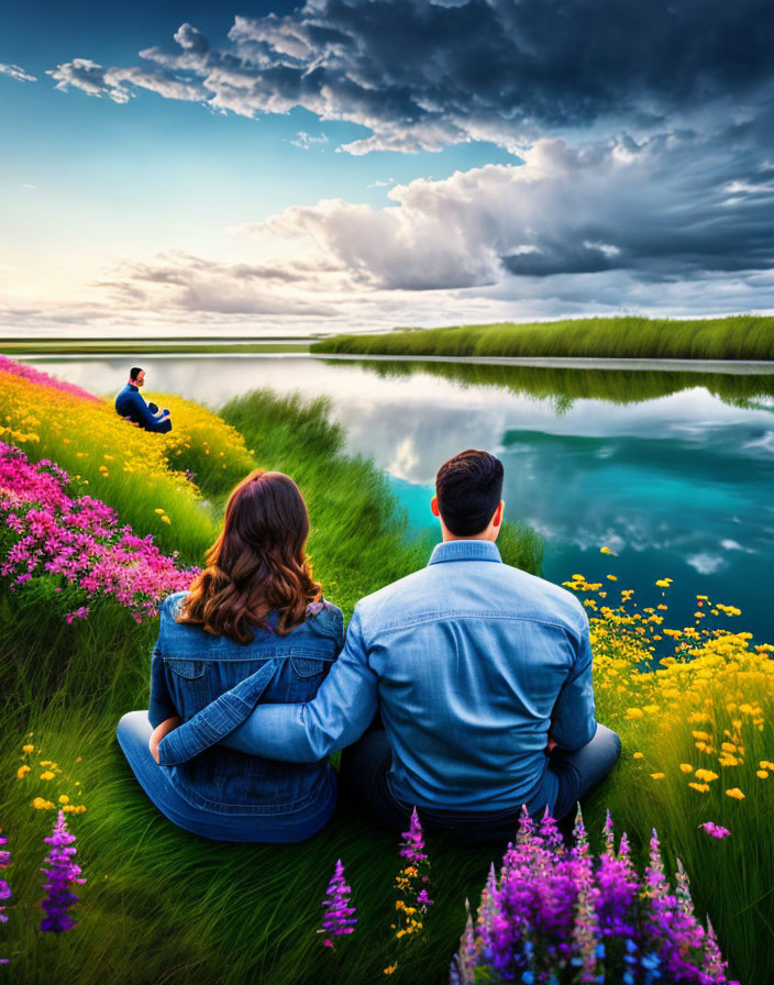 Couple in denim on flower-lined riverbank under dramatic sky, person in blue observing