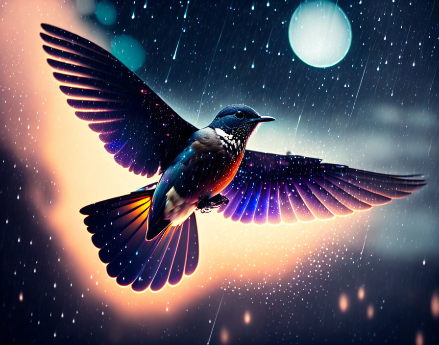 Colorful bird in flight with extended wings, bokeh lights, and raindrops.