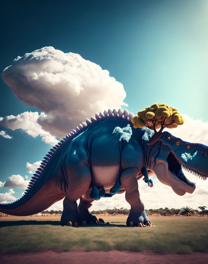 Digital artwork: Dinosaur with nature elements, savanna setting, clear sky.