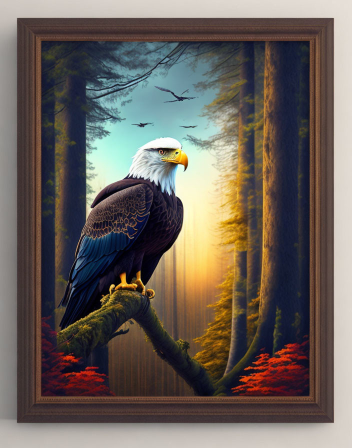 Eagle on Branch in Forest Artwork with Sunlight Filtering