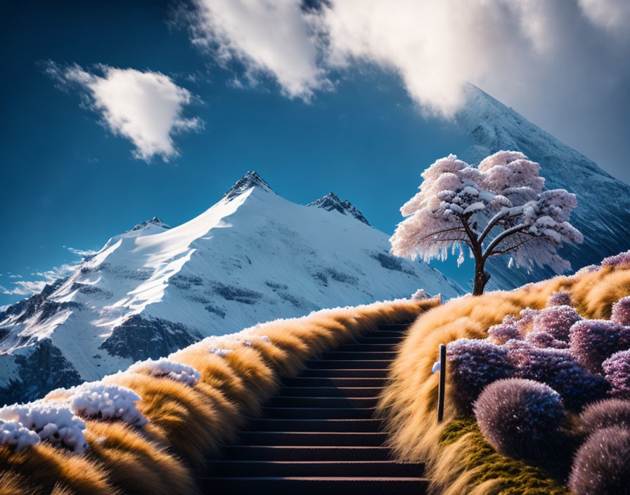 Snow-covered tree and purple flora staircase with snow-capped mountains.